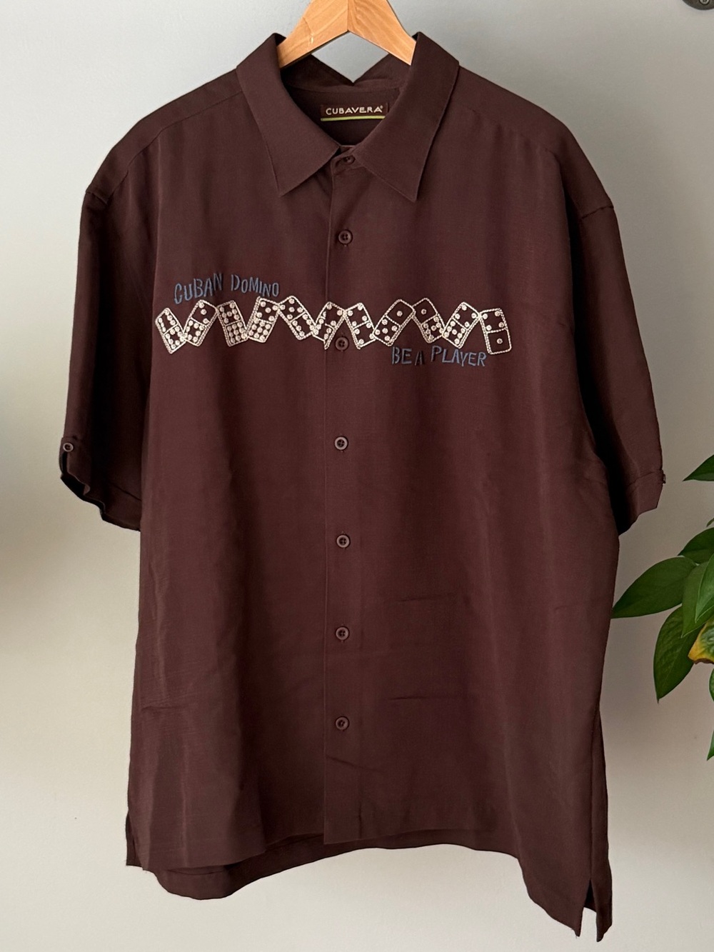 Vintage Cubavera Cuban Domino Be A Player Embroidered Shirt Brown Men's XXL